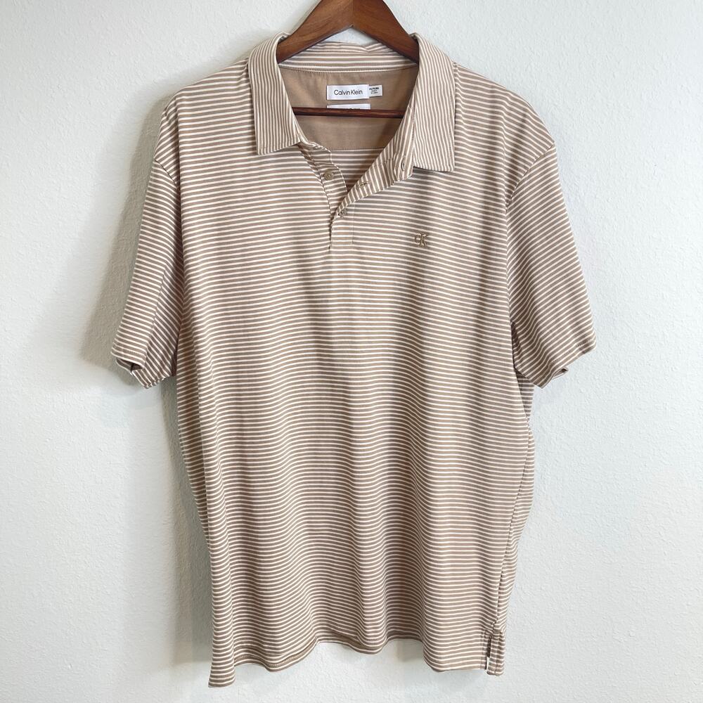 Calvin Klein Men’s XXL Beige White Striped Polo Shirt Smooth Cotton Short Sleeve